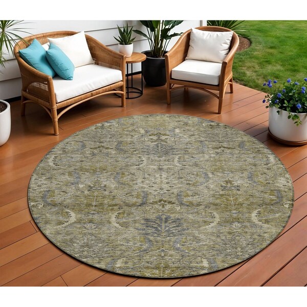 Homeroots 8' Taupe And Gray Round Damask Washable Indoor Outdoor Area Rug 603337 - main
