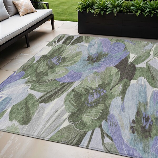 Homeroots 5' X 8' Olive Green And Fern Green Floral Washable Indoor Outdoor Area Rug 611079 - main
