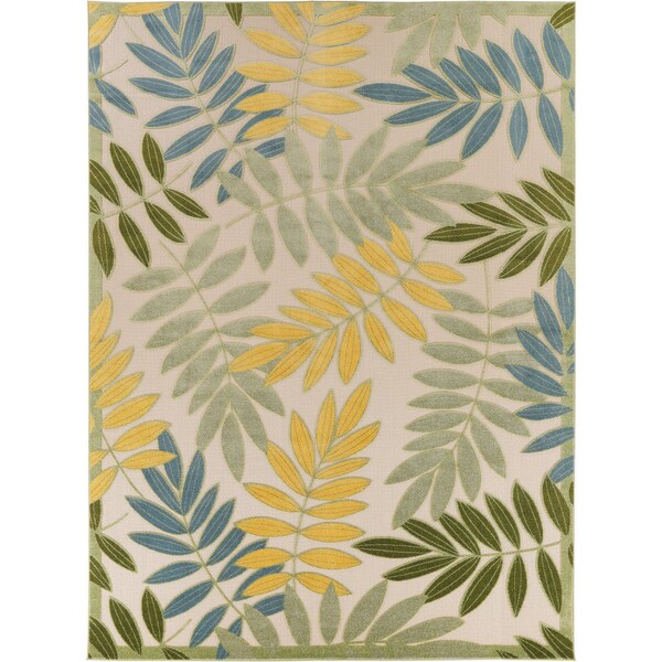 Homeroots 9' X 12' Green Yellow Blue Ivory And Dark Green Palm Leaf Indoor Outdoor Area Rug 548111 - main