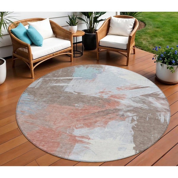 Homeroots 8' Taupe Copper And Ivory Round Abstract Washable Indoor Outdoor Area Rug 618498 - main