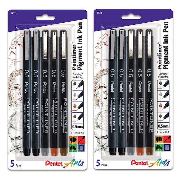 Pentel Pointliner Pen, 0.5mm Tip, Assorted Ink Colors, 5-Piece Set, 2PK S20PBP5M - main