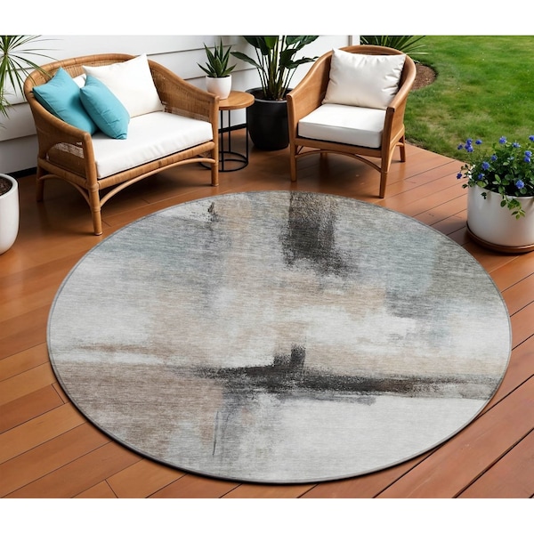 Homeroots 8' Brown Black And Gray Round Abstract Washable Indoor Outdoor Area Rug 603649 - main
