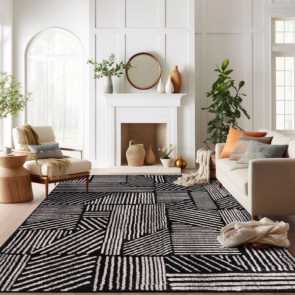 World Rug Gallery Contemporary Boho Stripes Non Shedding Soft Area Rug 12 ft x 15 ft Black 396BLACK12X15 - main