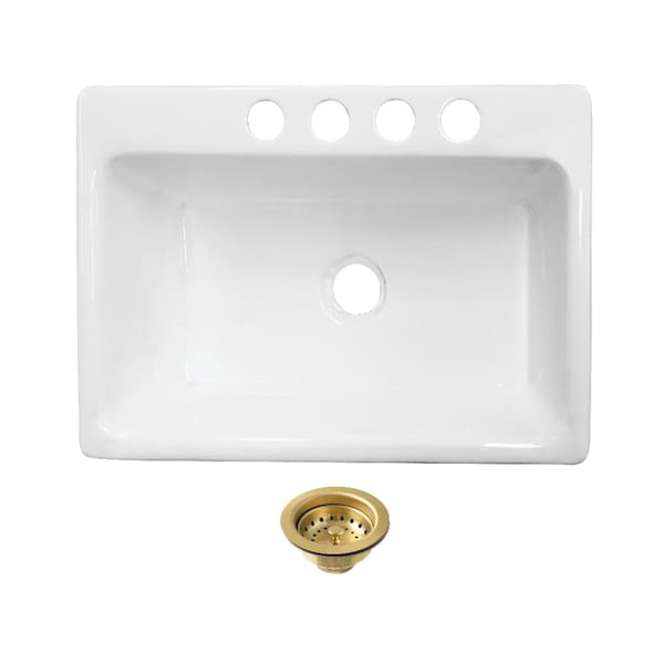 Kingston Brass 33" Cast Iron Single Bowl Undermount Kitchen Sink, 4-Hole with Strainer, White/Brushed Brass KGCKUS332297 - main