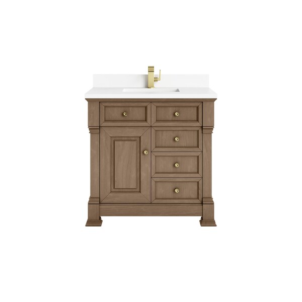 James Martin Vanities Brookfield 36 in. Single Vanity, Pecan w/ Single Hole 3CM White Zeus Silestone Top & Backsplash 547-V36-PCN-1WZ - main