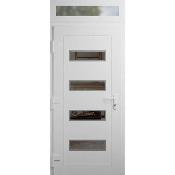 Vdomdoors Front Exterior Prehung Metal-Plastic Door, Manux 8113 White Silk, Top Sidelite Transom, Office Comm MANUX8113EXD-WS-W36xH80+14-RH - main