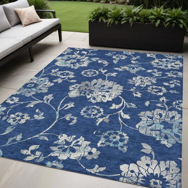 Homeroots 5' X 8' Navy Blue And Gray Floral Washable Indoor Outdoor Area Rug 589483 - main
