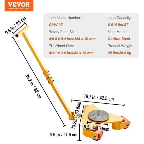 Vevor Machinery Skate Dolly Mover with Handle 6614LBS/3T 360 Deg Swivel PU Wheels GYW-3T - main