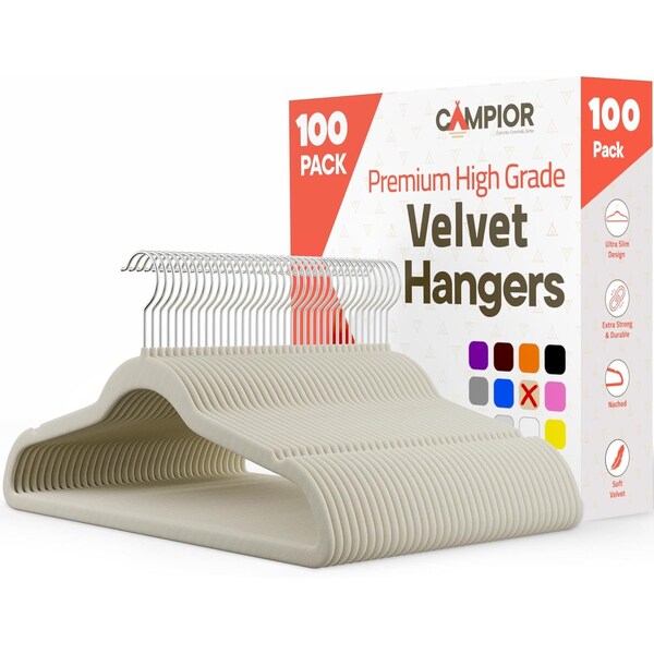 Campior Premium Velvet Non-Slip Hangers, Heavy Duty, 360 Deg Swivel Hook, Ivory Velvet Finish, 100PK CMPVVH100IV - main