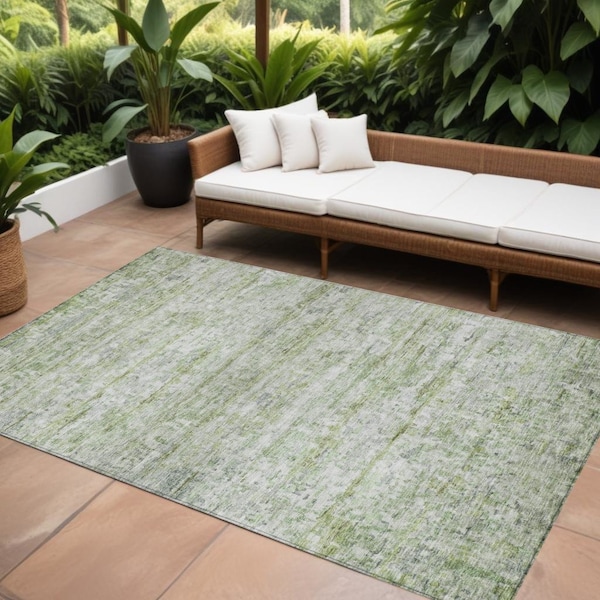 Homeroots 9' X 12' Artichoke Green And Ivory Striped Washable Indoor Outdoor Area Rug 604516 - main
