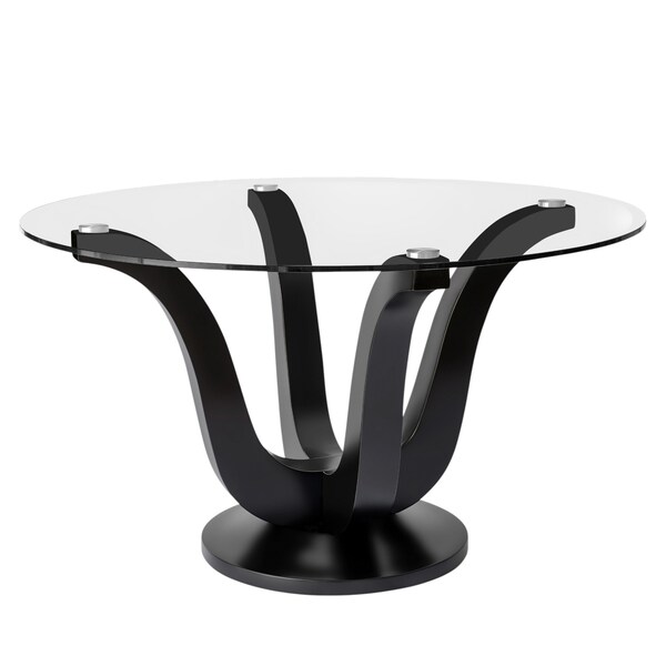 Homeroots 51" Clear and Black Glass and Solid Wood Pedestal Base Round Top Dining Table 633120 - main