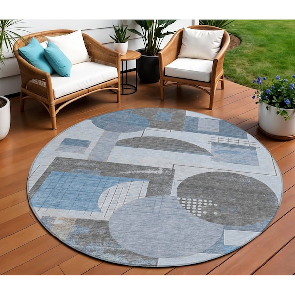 Homeroots 8' Blue And Gray Round Geometric Washable Indoor Outdoor Area Rug 618012 - main
