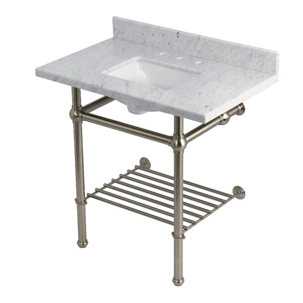 Kingston Brass 36-Inch Carrara Marble Console Sink with Brass Legs and Shelf, 8-Inch, 3-Hole KVPB36MBSQB8 - main