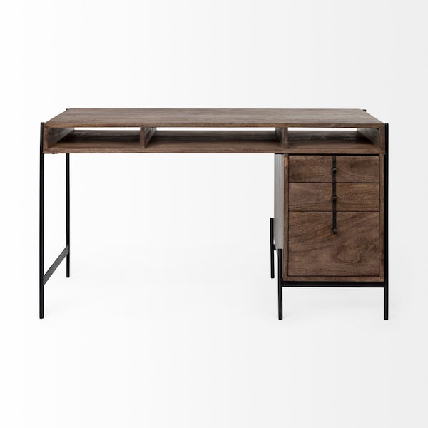 Homeroots 56" Medium Brown Wooden Writing Desk With 3 Drawers And 3 Open Shelves 380203 - main