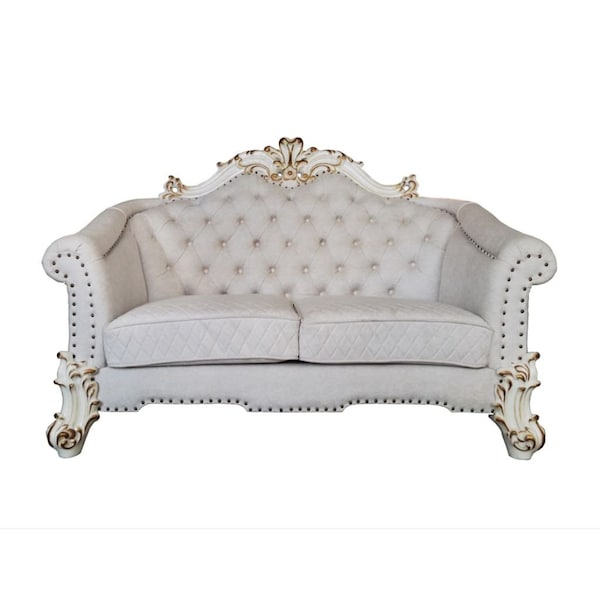 Homeroots 66in Two Tone Ivory And Pearl Velvet Loveseat and Toss Pillows 515714 - main