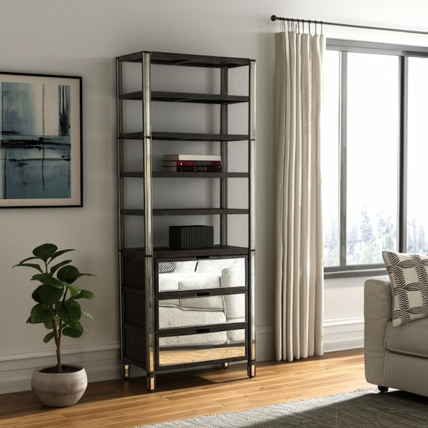 Homeroots 32" Dark Brown Solid Wood and Mirrored Glass Four Tier Bookcase with Three Drawers 611031 - main