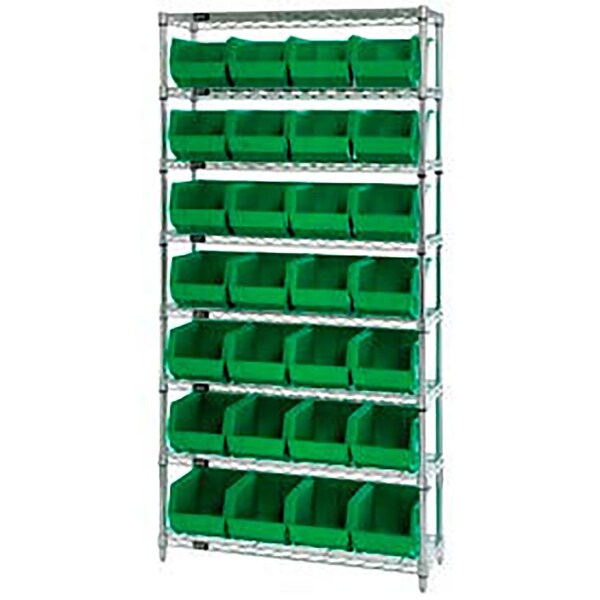 Global Industrial Chrome Wire Shelving w/ 28 Stacking Green Bins, 36"W x 12"D x 74"H, Gray 268926GN - main