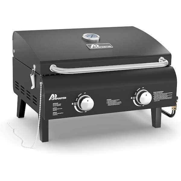 Lifemaster Black Portable Gas Grill, Dual 10,000 BTU Burners, 275 Sq.In, Push Start, Thermometer, BBQ/Camping LMGRBLACK - main