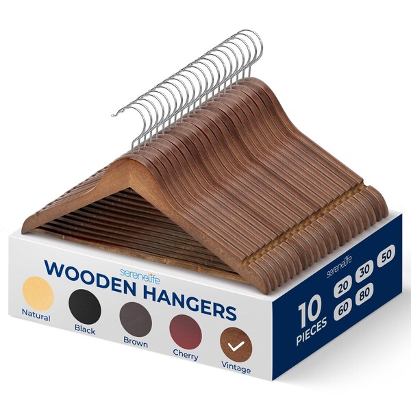 Serenelife Wooden Coat Hangers, 360 Deg Swivel Hook and Notches, Heavy-Duty, Vintage, 10PK SLHWDVINT10 - main