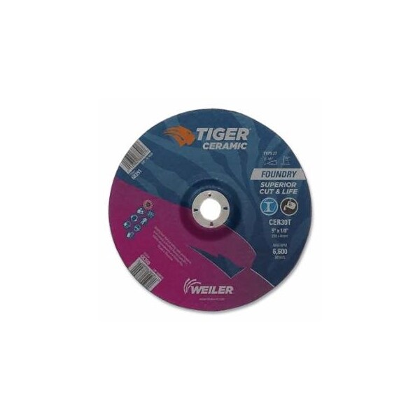 Weiler Tiger Grinding Wheel, Combo, 9 in dia x 1/8 in Thick x 7/8 in Arbor, 30 Grit, Ceramic, 25PK 804-68390 - main