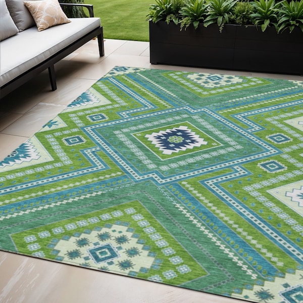 Homeroots 5' X 8' Lime Green Aqua And Ivory Tribal Washable Indoor Outdoor Area Rug 598131 - main