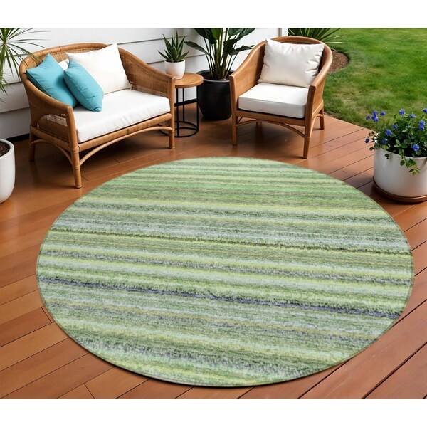 Homeroots 8' Artichoke Green And Olive Green Round Striped Washable Indoor Outdoor Area Rug 577789 - main