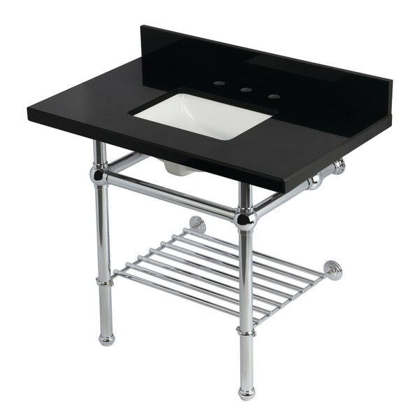 Kingston Brass 36-Inch Black Granite Console Sink with Brass Legs and Shelf, 8-Inch, 3-Hole KVPK3630KBSQB1 - main