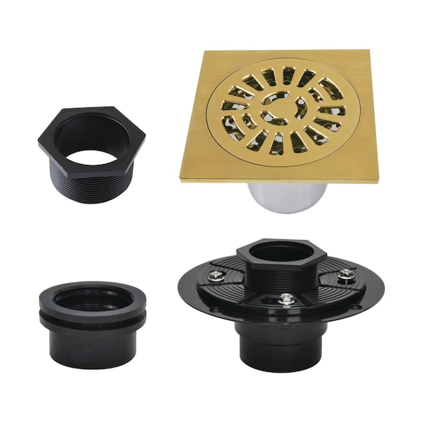 Kingston Brass 4" Brass Square Grid Shower Drain with Flange, Brushed Brass BSFK4267BB - main
