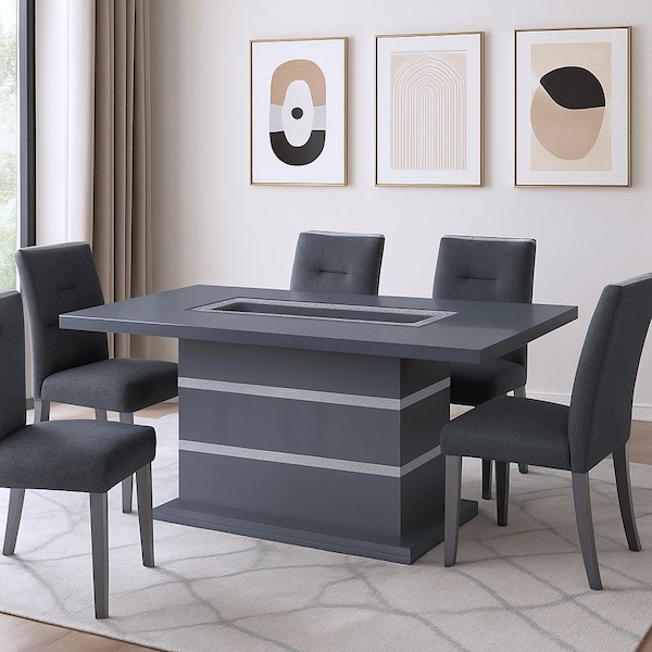 Homeroots 79" Dark Gray Faux Crystals Glass and Wood Pedestal Base Dining Table 564901 - main