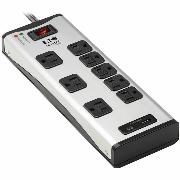 Tripp Lite Power Strip, Surge, USB, 8 5-15R, 5-15P, 8 ft., Black/Silver TLM88USBC - main