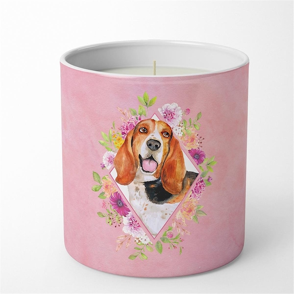 Jensendistributionservices 10 oz Basset Hound Pink Flowers Decorative Soy Candle MI2553477 - main