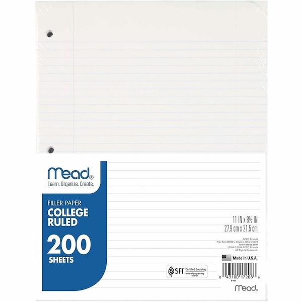Mead Products Mead Filler Paper, 8-1/2" x 11", College Ruled, 3-Hole Punched, White, 200 Sheets/Pack 17208 - main