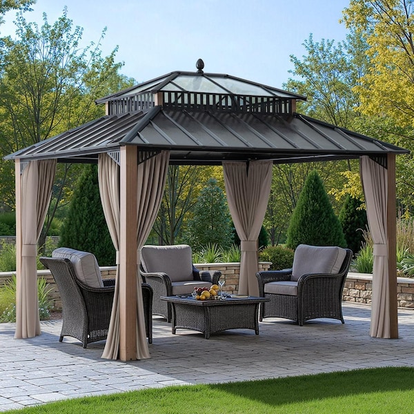 Sunjoy Kingston 12x10 Gazebo, Steel & PC Roof Hardtop Gazebo, Curtain and Netting, Woodgrain Aluminum Posts A10204380000 - main