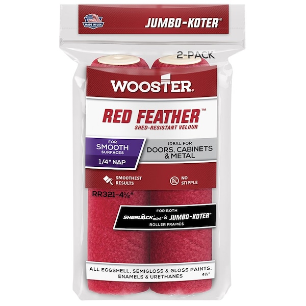Wooster 4 1/2in x 1/4in Nap RR3210044 Red Feather Jumbo-Koter Velour Mini Roller Cover, For Smooth RR4040044 - main