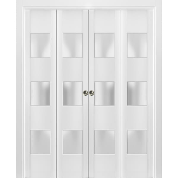 Sartodoors Sliding Closet Double Bi-fold Doors, Lucia 4070 White Silk with Frosted Glass, Sturdy Tracks Moldin LUCIA4070DBF-WS-72 x 80 (4* 18x80) - main