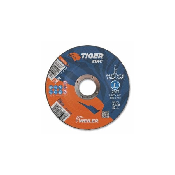 Weiler Tiger Zirc Cutting Wheel, 4-1/2 in dia, 0.045 in Thick, 7/8 in Arbor, Zirconia Alumina, Type 27, 25PK 804-58020 - main
