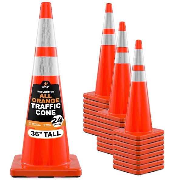 Xpose Safety 36 Inch Orange Traffic Cones Heavy Duty 12lb with 6in and 4in Collars, DOT Approved, 24PK AOTC36-64-12L-24-X - main