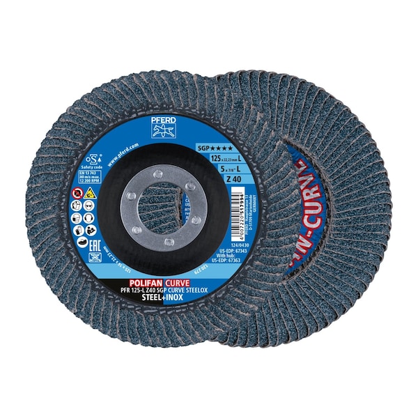 Pferd POLIFAN CURVE flap disc 5in x 7/8, Z SGP CURVE STEELOX, 40 Grit, Large Radius, Zirconia, 2PK 66992 - main