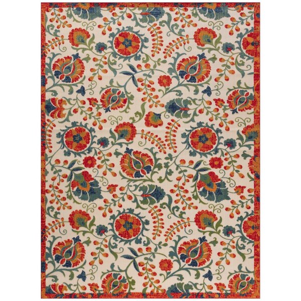 Homeroots 12' X 15' Ivory Green Orange Blue And Red Floral Indoor Outdoor Area Rug 548135 - main