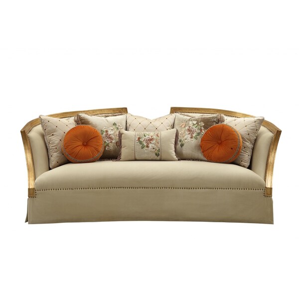 Homeroots 41" Beige Velvet Curved Sofa And Toss Pillows With Natural Legs 348220 - main
