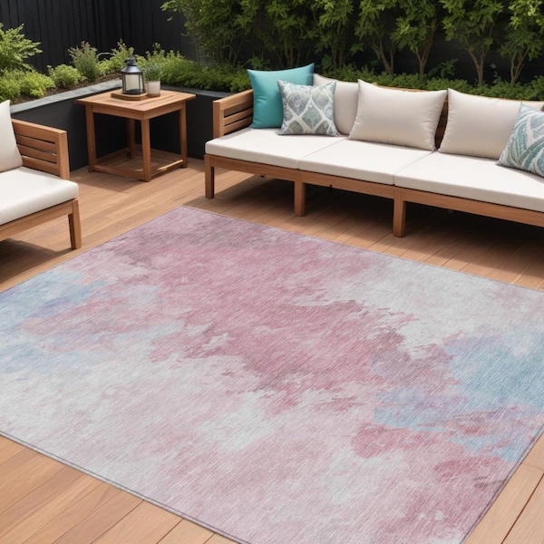 Homeroots 9' X 12' Blush Ivory And Blue Abstract Washable Indoor Outdoor Area Rug 617393 - main