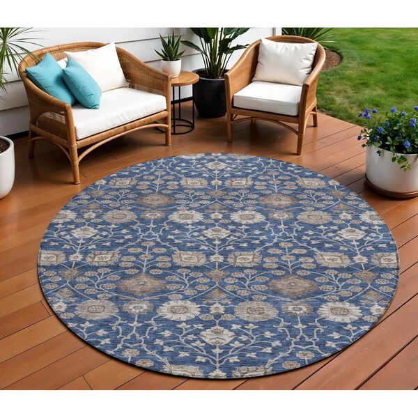 Homeroots 8' Navy Blue Brown And Beige Round Floral Washable Indoor Outdoor Area Rug 605433 - main