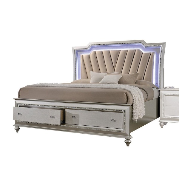 Homeroots 67" X 91" X 69" Pu Champagne Wood Upholstered (Hb) Led Queen Bed 347168 - main