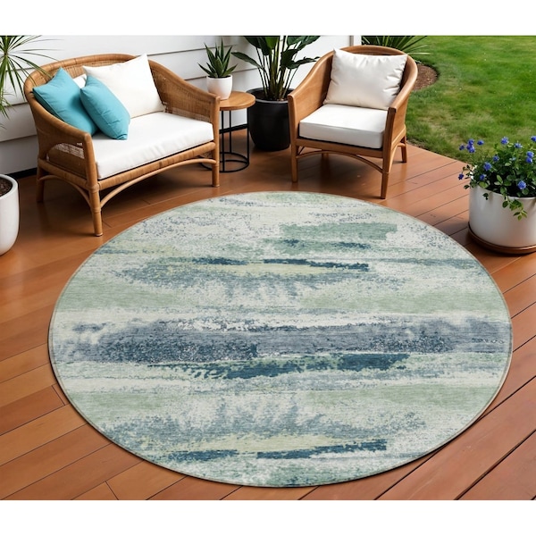 Homeroots 8' Mint Green Ivory And Denim Blue Round Abstract Washable Indoor Outdoor Area Rug 612535 - main