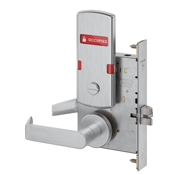 Schlage Grade 1 Privacy with Coin Turn Mortise Lock, Non-Keyed, 06 Lever, A Rose, Exterior Indicator inVACA L9044 06A 626 OS-OCC - main