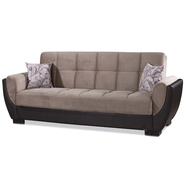 Homeroots 93" Sand And Brown Chenille And Faux Leather Sleeper Sofa And Toss Pillows With Brown Legs 607162 - main