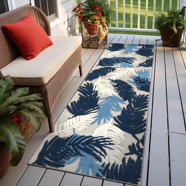 World Rug Gallery Vicenza Tropical Floral Indoor/Outdoor Runner Rug 2 ft 7 in x 10 ft Navy 8011NAVY27X10 - main