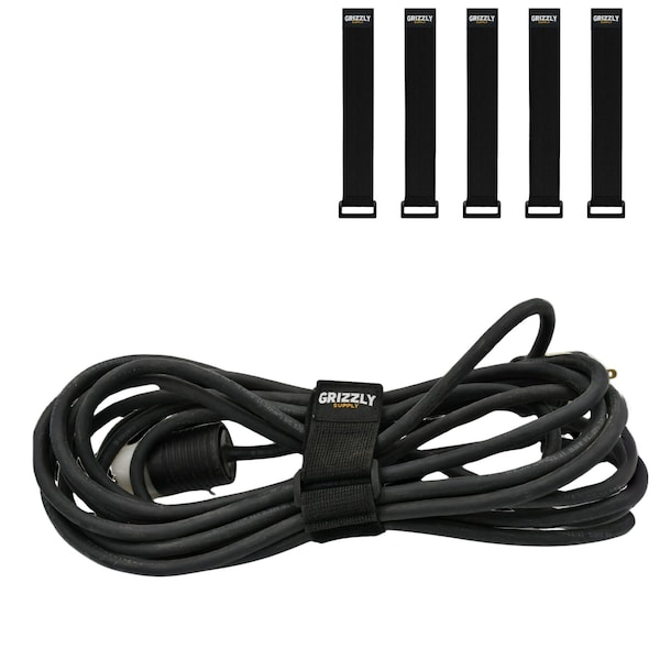 Grizzly Supply Stretch Cinch Strap, 9 in L, 1.5 in W, Hook and Loop Closure, Reusable, Black, 5PK GS-HLSTR9-0 - main