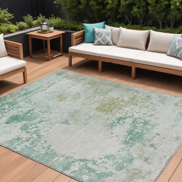Homeroots 9' X 12' Beige Teal Blue And Ivory Abstract Washable Indoor Outdoor Area Rug 630811 - main
