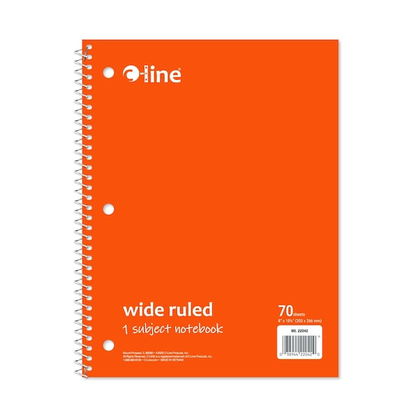 C-Line Products 8-1/2" x 10-1/2" Orange Wide Ruled 1-Subject Spiral Notebook, 1/EA, 24EA/CT 22042-CT - main
